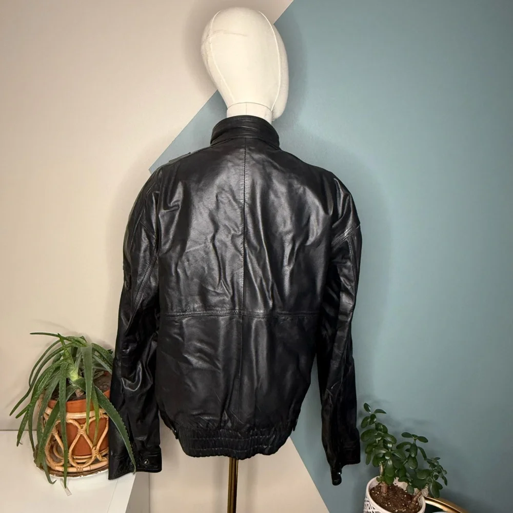 Vintage 90s Black Leather Jacket Sherpa Lined Minimalist Moto L Wilson’s leather - Picture 5 of 13